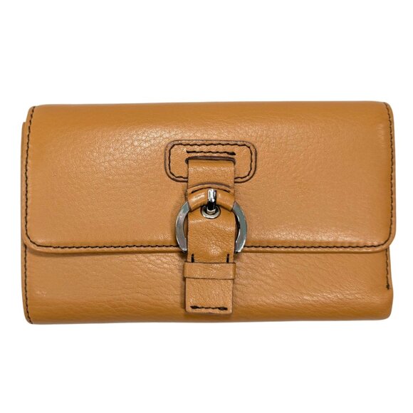 Talbots Leather Tan Camel Folding Soho Flap Wallet Checkbook Coin ID - Picture 1 of 11
